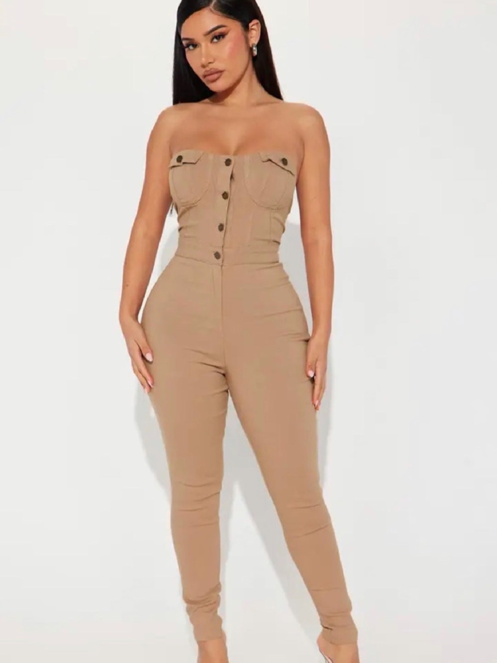 Strapless Button-Front Tan Jumpsuit